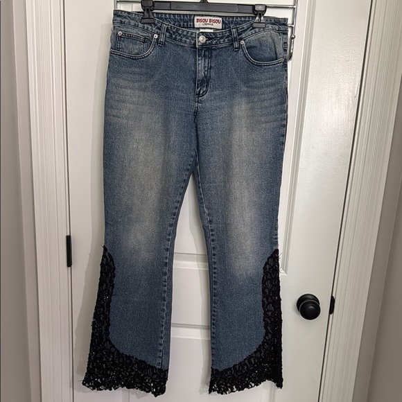 Bisou Bisou Blue and Black Flare Wide Leg Jeans - Picture 1 of 14